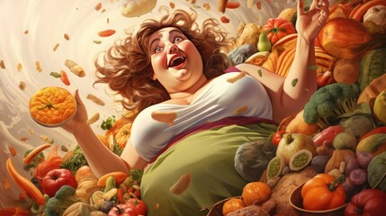 A young woman among vegetables and fruits. Overweight women. Diet and healthy lifestyle.