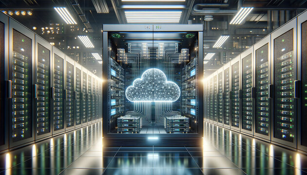 Futuristic server rack with holographic display in state-of-the-art data center