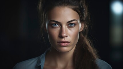 Fototapeta premium A woman with long hair and blue eyes poses for a photo, showcasing her striking features