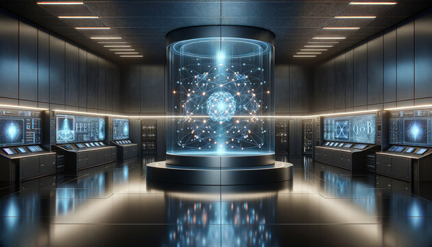 Cutting-edge quantum simulation lab with holographic display and futuristic tech.