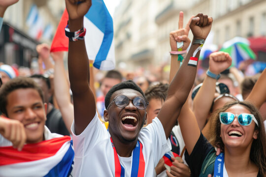 International fans from different countries celebrate the 2024 Olympic Games together in the streets of Paris.