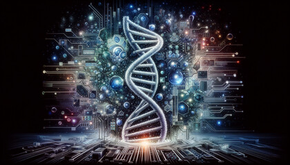 Dynamic Digital Disintegration: Computational Biology Concept with DNA Helix and Interconnected Elements