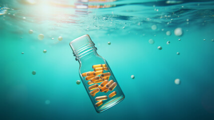 Transparent Glass Bottle with Golden Capsules Floating Underwater with Bubbles on a Turquoise Background