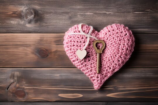 heart knitted with a key on a wooden background