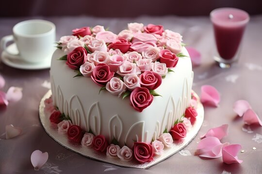 heart-shaped cake with pink roses