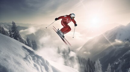 Naklejka na ściany i meble Winter Extreme athlete Sports ski jump on mountain