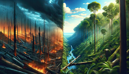 Changes in the Landscape due to the deforestation of forests, a portrait of the destruction of the environment