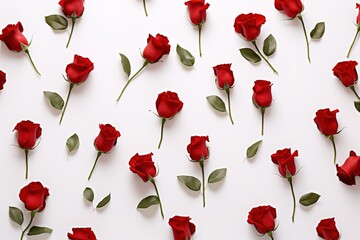 red roses and leaves on a white background