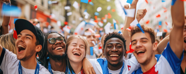 International fans from different countries celebrate the 2024 Olympic Games together in the streets of Paris. - obrazy, fototapety, plakaty