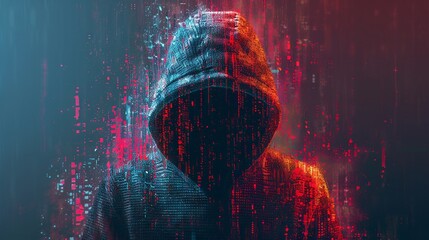 Mysterious hooded figure in a digital art style portrait with neon lights - obrazy, fototapety, plakaty