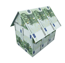 Origami house with money. Euro banknotes. 3D render.