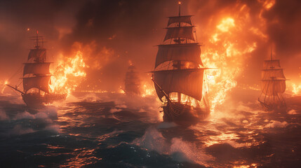 Obraz premium A Visual Journey into the Ancient Flames of Naval Warfare