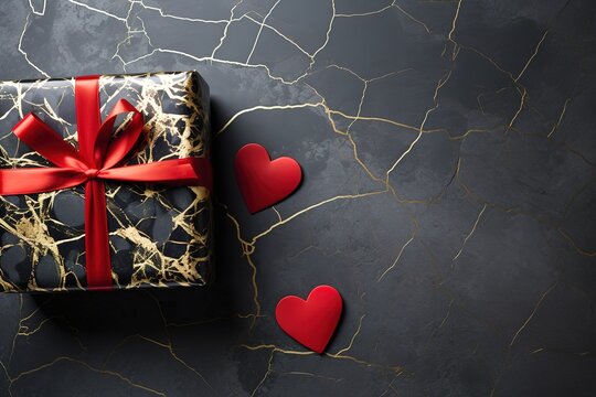 Valentine's day surprise gift and heart heart pattern with red ribbon on black table with copy space