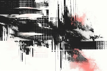 Glitchy Grunge Fusion: Explore the intersection of glitch and grunge with this distorted shape vector overlay background, red and blackand glitched shapes adorned with a captivating noise effect