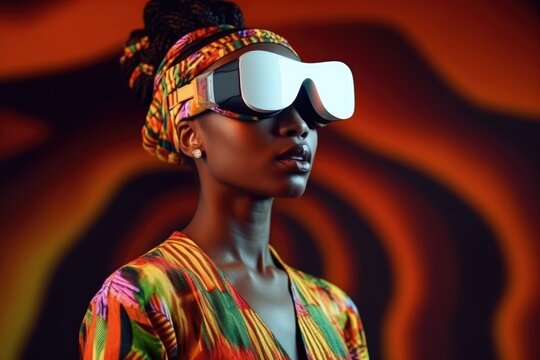 Fashion portrait of african american woman wearing virtual reality