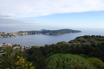A panoramic view of Villefranche-sur-Mer and the Mediterranean sea from the Boron Mount. Nice, France, December 26, 2023.