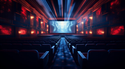 Cinema Hall Illuminated with Blue Light Featuring Rows of Red Seats and a Sci-Fi Movie on Screen - obrazy, fototapety, plakaty