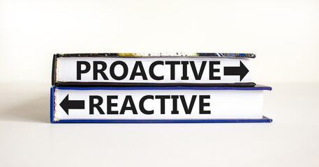 Proactive and reactive symbol. Concept word Proactive Reactive on beautiful books. Beautiful white table white background. Business proactive and reactive concept. Copy space.