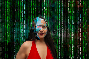 Caucasian half-humanoid half-robot woman in binary code exposes her metallic face structure with neon glow wires programming language