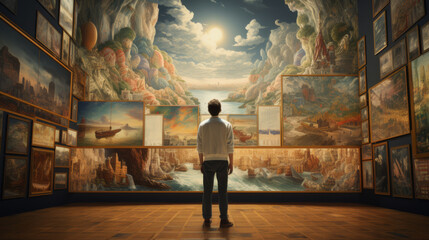 Man Contemplating an Eclectic Collection of Classic Artwork in a Sunlit Gallery