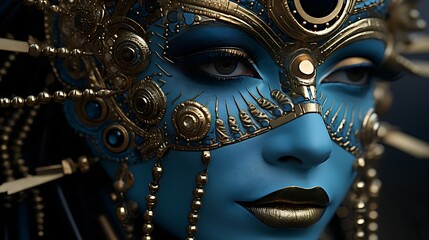 close-up of woman with blue and gold face makeup