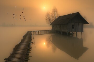 Fototapeta na wymiar Tranquil Dawn at a Misty Lake