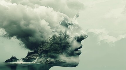 Fototapeta premium Double exposure combines a woman's face, mountains, forest and a body of water. Panoramic view. The concept of the unity of nature and man. Dream, reminisce or plan a climb. A memory of a journey.