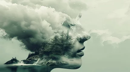 Foto op Plexiglas Double exposure combines a woman's face, mountains, forest and a body of water. Panoramic view. The concept of the unity of nature and man. Dream, reminisce or plan a climb. A memory of a journey. © Login