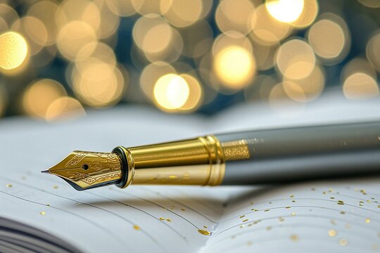 Elegant Fountain Pen Resting on an Open Notebook