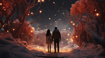 Couple Walking Hand in Hand Under a Canopy of Snow-Covered Trees Illuminated by Warm Lights