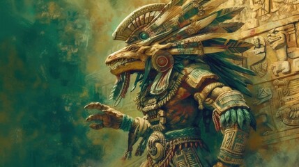 Obraz premium An Aztec deity is depicted in a stylized portrait, showcasing intricate geometric patterns and vibrant details