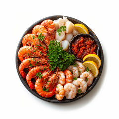 Top view set of seafood dishes with shrimp, scallops on white background - Generative AI