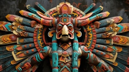 Fototapeta premium A vibrant depiction of an Aztec god is presented in a stylized portrait, featuring elaborate geometric patterns and captivating colors 
