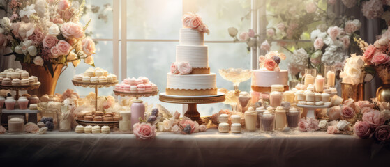 Wedding Reception Dessert Table with Floral Arrangements and Assorted Sweets