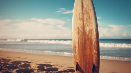 Surfboard on the beach. Vintage style. Selective focus. Surfboards on the beach. Vacation and Travel Concept with Copy Space.