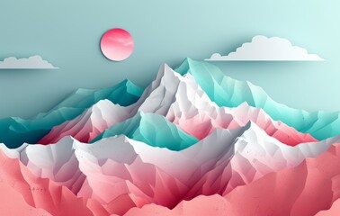 Paper mountains under a crimson moon and pastel sky