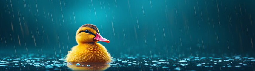 Duckling Enjoying the Gentle Rainfall on a Shimmering Teal Surface