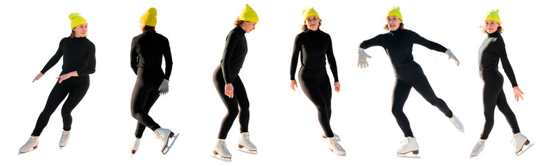 Ice skater in black attire and yellow beanie gracefully performs on ice, showcasing a sequence of elegant skating movements. © muse studio