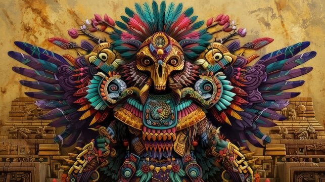 A vibrant depiction of an Aztec god is presented in a stylized portrait, featuring elaborate geometric patterns and captivating colors
