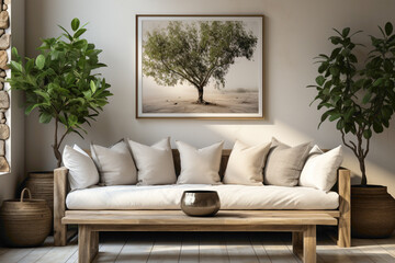 Envision a modern farmhouse living room adorned with a rustic sofa, complemented by a potted houseplant, against a warm beige wall featuring a framed poster. 