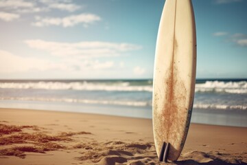 Surfboard on the beach with blue sky. Vintage style. Surfboards on the beach. Vacation and Travel...