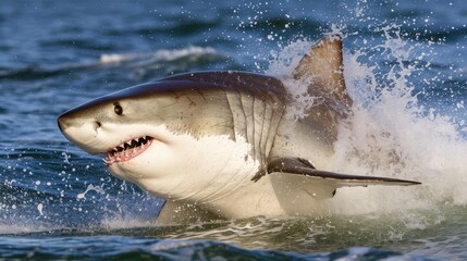 Naklejka premium A shark, its mouth opened wide in a predatory grin, is captured mid-hunt in the vastness of the ocean.
