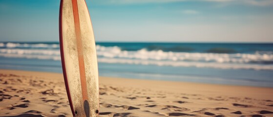 Low angle view of surfboard on sandy beach during sunny day. Surfboards on the beach. Vacation and Travel Concept with Copy Space. - obrazy, fototapety, plakaty