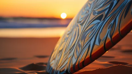 Gordijnen Surfboard on the sand at sunset. Close-up. Surfboards on the beach. Vacation and Travel Concept with Copy Space. © John Martin