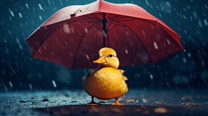 Yellow Duckling Taking Refuge from the Rain Under a Red Umbrella