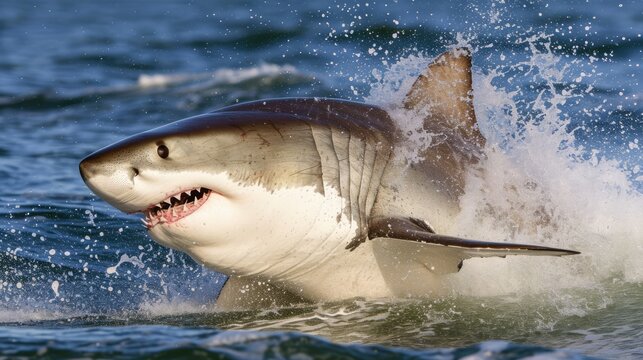 A shark, its mouth opened wide in a predatory grin, is captured mid-hunt in the vastness of the ocean.