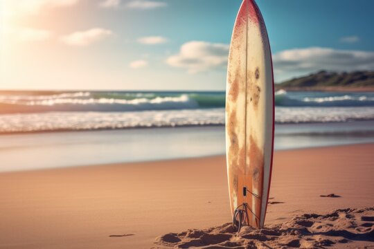 Surfboard on the beach at sunset. Vintage style toned picture. Surfboards on the beach. Vacation and Travel Concept with Copy Space.
