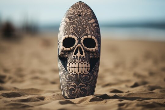 Close-up of a Mexican sugar skull painted on a surfboard. Surfboards on the beach. Vacation and Travel Concept with Copy Space.