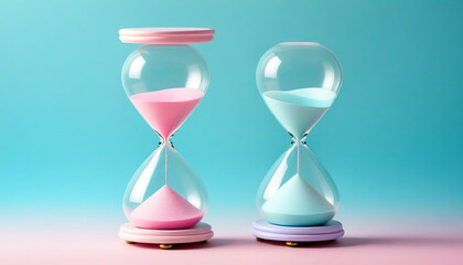 Hourglass with blue feather on pink background. Time concept. 3d rendering