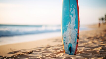 Surfboard on the beach at sunset. Selective focus. Surfboards on the beach. Vacation and Travel Concept with Copy Space. - obrazy, fototapety, plakaty
